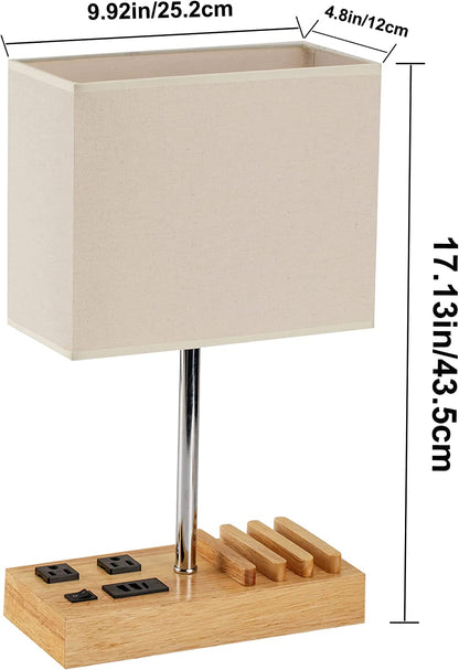 Smart Desk Lamp Powerhouse: 3 USB Ports, 2 AC Outlets, 3 Phone Stands, Elegant Nightstand Illumination with Natural Wooden Base and Stylish Cream Linen Shade