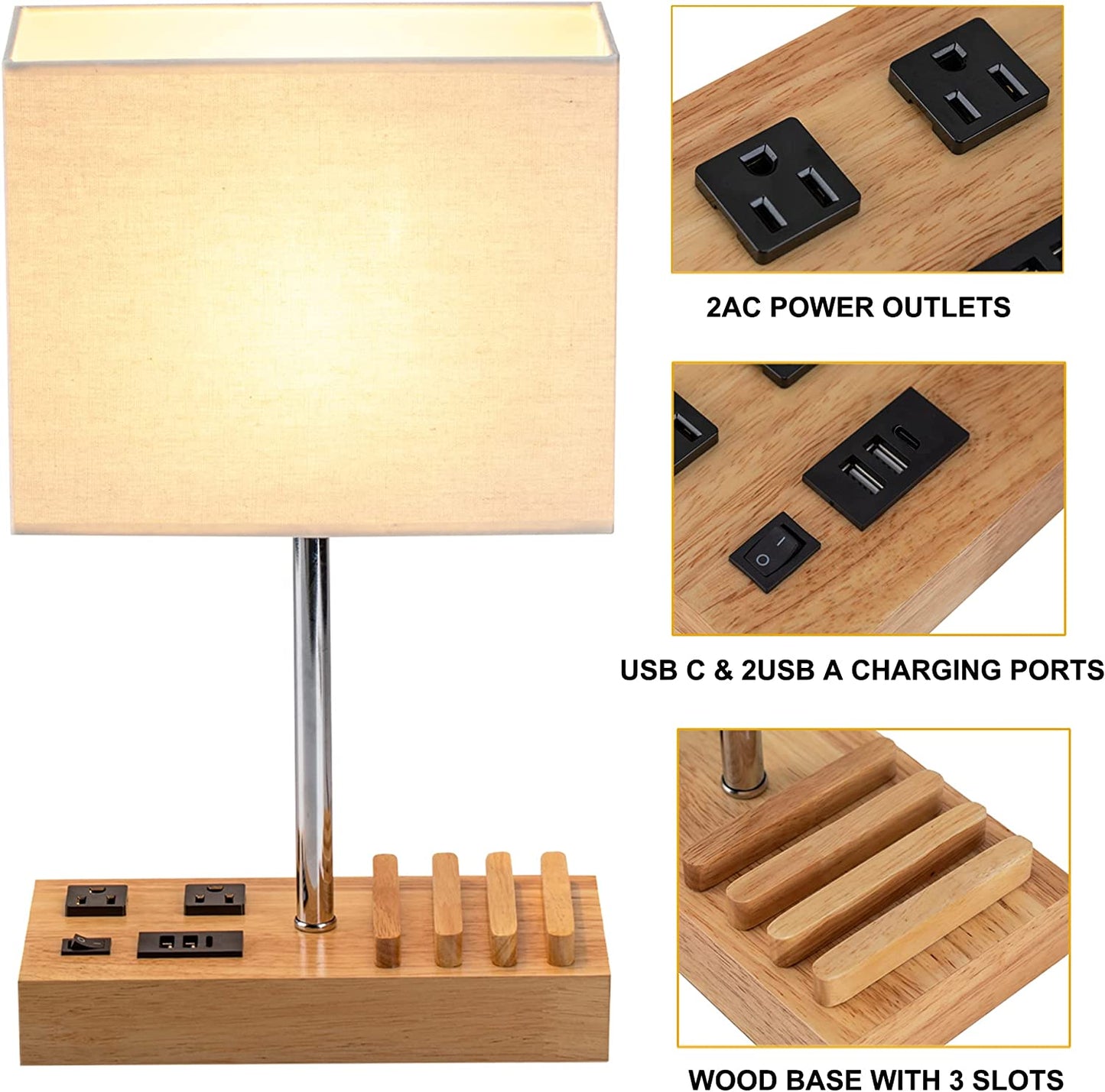 Smart Desk Lamp Powerhouse: 3 USB Ports, 2 AC Outlets, 3 Phone Stands, Elegant Nightstand Illumination with Natural Wooden Base and Stylish Cream Linen Shade